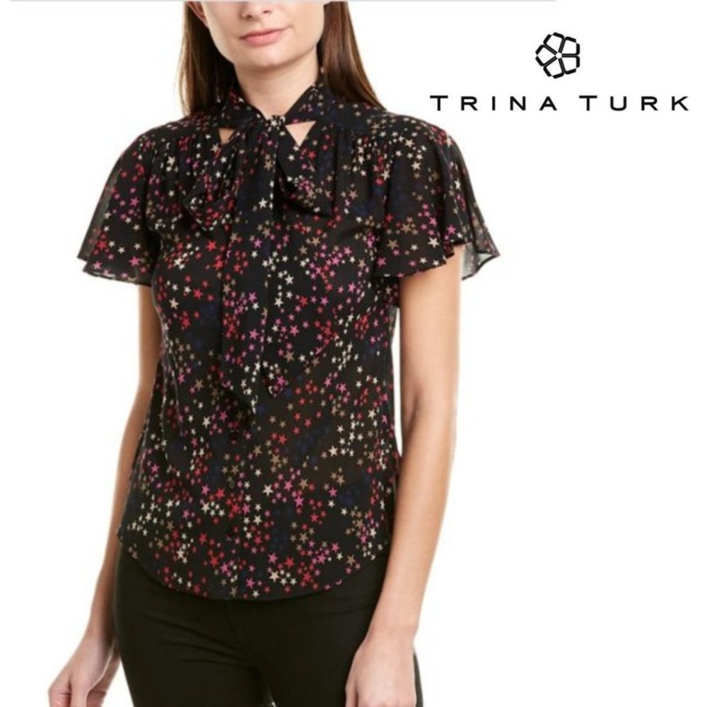 Trina Turk Star Print Silk Button Down Blouse